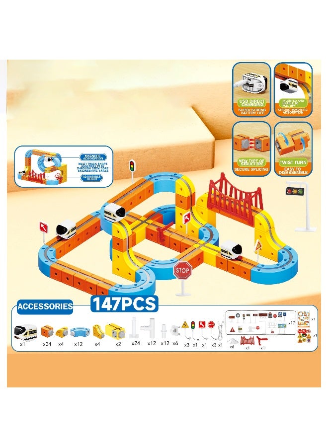 ماجني الاصحاب 147 PCS Versatile Magnetic Track Car Set – Gravity Defying Rail Track Building Blocks with USB Rechargeable Train, Bridges and Accessories for Kids STEM Creative Play - Image 2